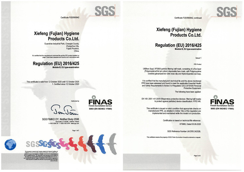 Cina XIEFENG (FUJIAN) HYGIENE PRODUCTS CO.,LTD Sertifikasi
